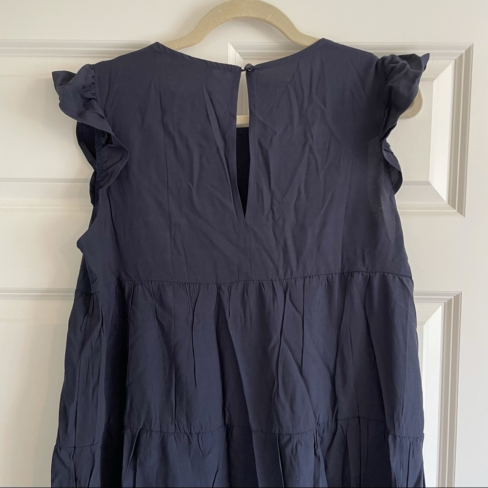 Navy Ruffle Sleeve Flowy Pleated Dress
